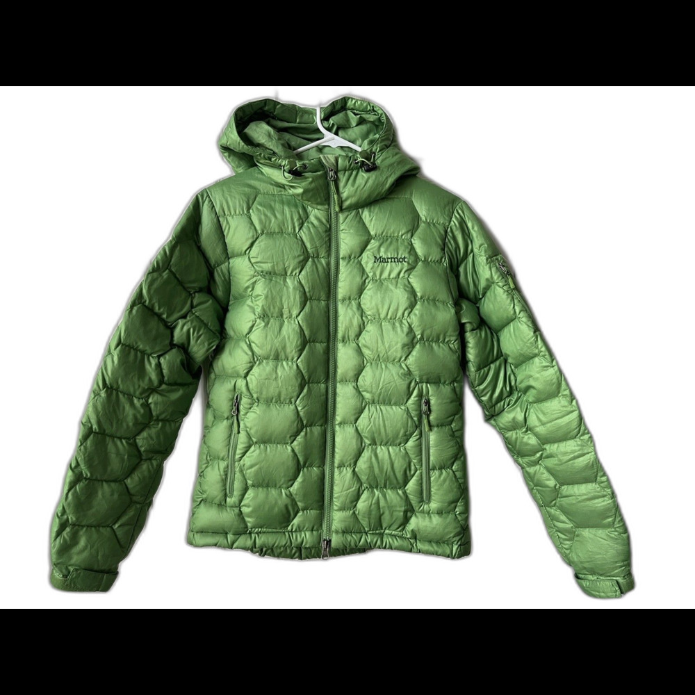 Marmot Ama Dablam 800 Fill Goose Down Hooded Puffer Jacket Green Women Sz Small